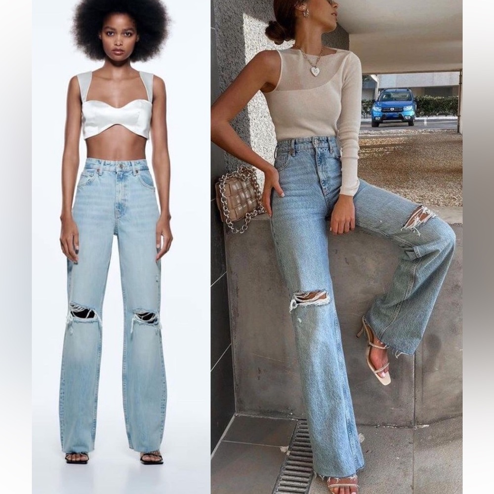 ZARA High Rise‎ Wide Leg Distressed Denim Jeans size 2 - Picture 5 of 13